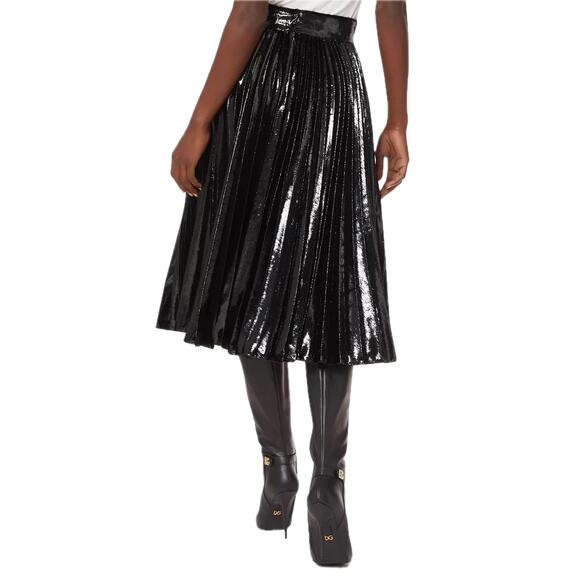 NWT Dolce & Gabbana Black Pleated Midi Skirt in Flowing Lamé Velvet IT 46 US XL - Picture 8 of 13